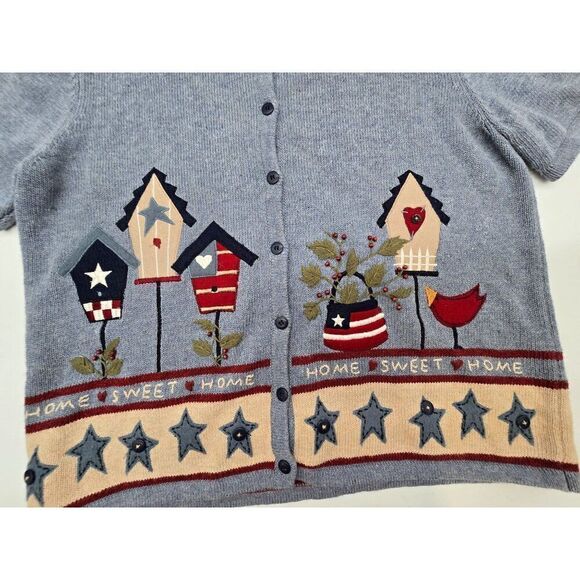 Croft & Barrow Womens M Gray Knit Cardigan With Birdhouse & Star Embroidery - Picture 3 of 7